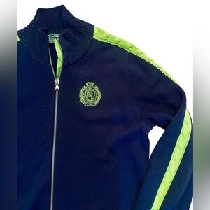 L-RL Lauren Active Ralph Lauren Full Zip Sweater Womens Size XL Navy Lime Green